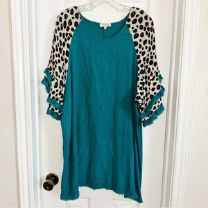 Umgee Linen Blend Top Sz XL Teal Animal Print Fringe Flared Sleeve Boho Casual